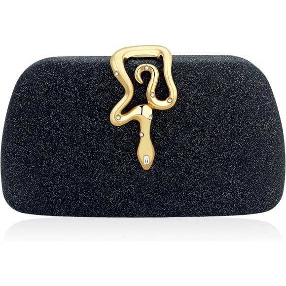 Handbags - Black Gold Glitter Clutch Purse for Women Evening Bag with Gold Snake Buckle